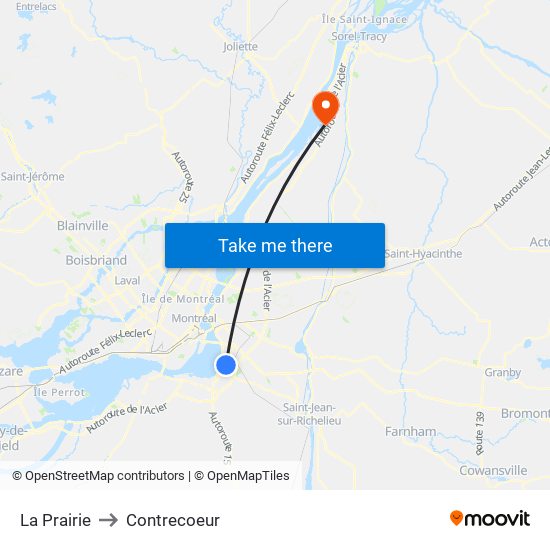 La Prairie to Contrecoeur map