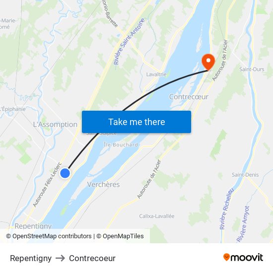 Repentigny to Contrecoeur map