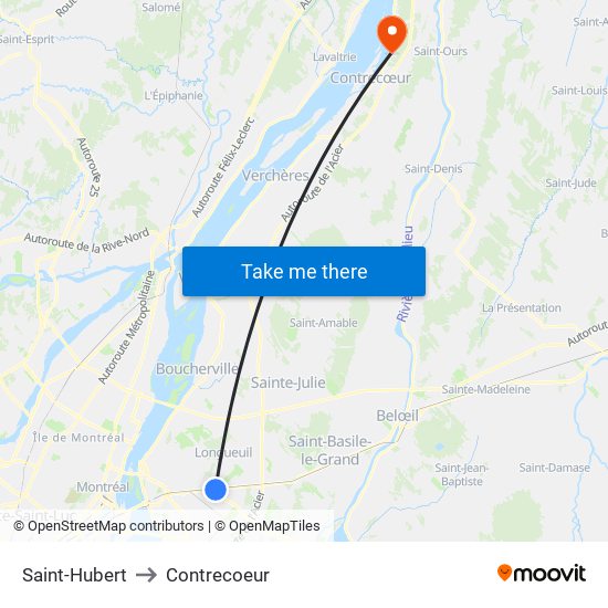 Saint-Hubert to Contrecoeur map