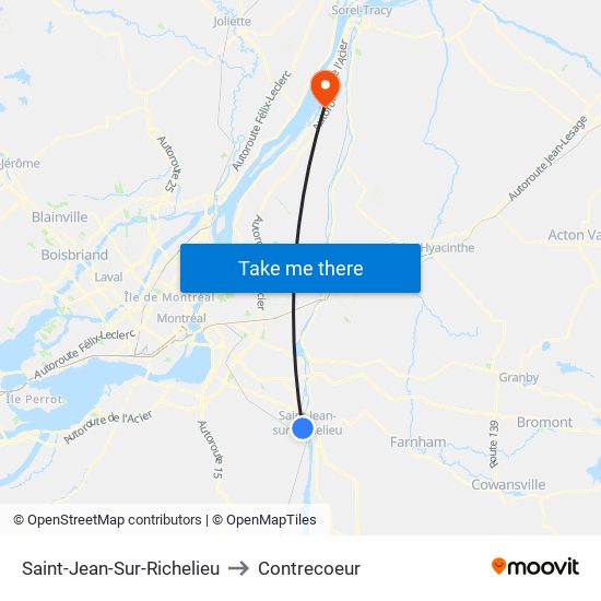 Saint-Jean-Sur-Richelieu to Contrecoeur map