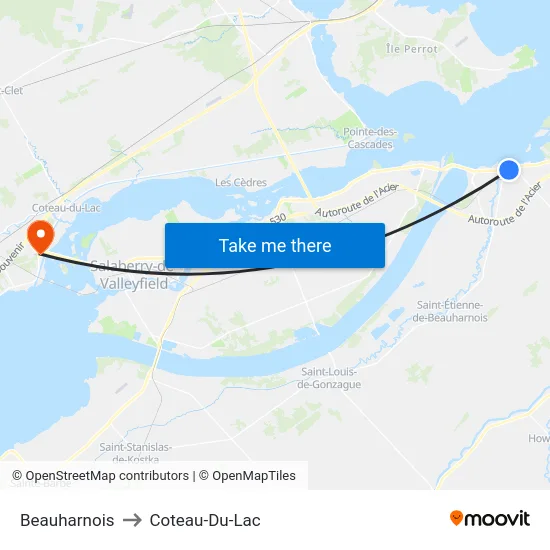 Beauharnois to Coteau-Du-Lac map