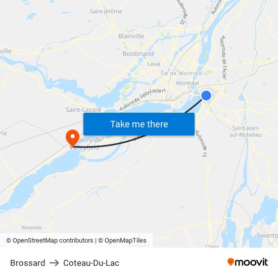 Brossard to Coteau-Du-Lac map