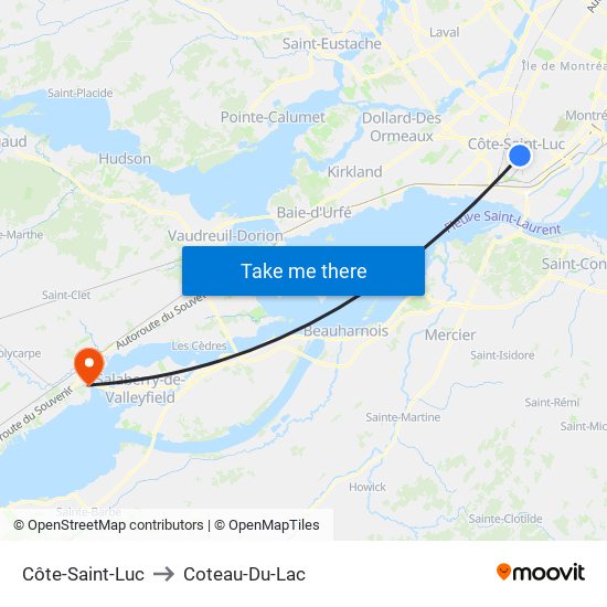 Côte-Saint-Luc to Coteau-Du-Lac map