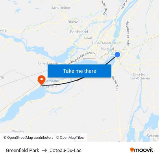 Greenfield Park to Coteau-Du-Lac map