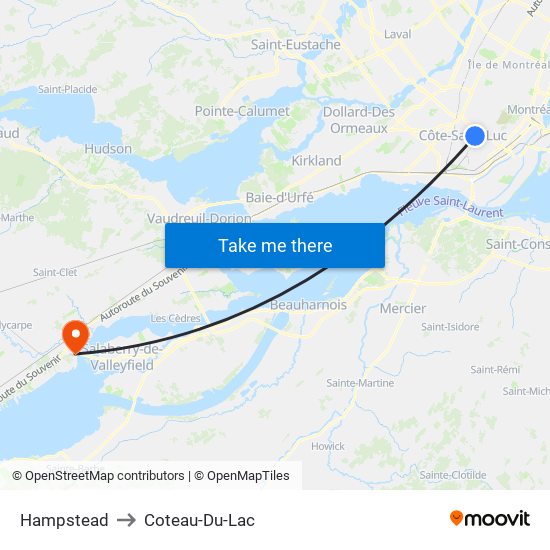 Hampstead to Coteau-Du-Lac map