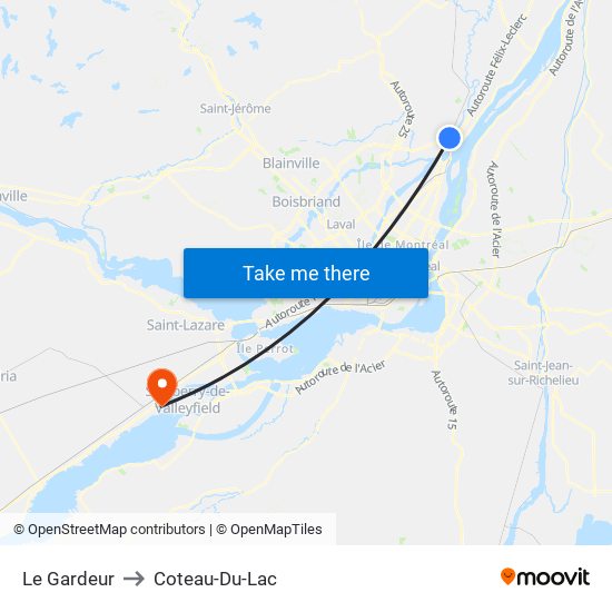 Le Gardeur to Coteau-Du-Lac map