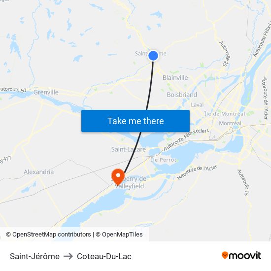 Saint-Jérôme to Coteau-Du-Lac map