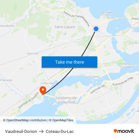 Vaudreuil-Dorion to Coteau-Du-Lac map