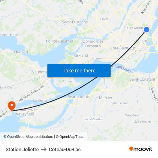 Station Joliette to Coteau-Du-Lac map