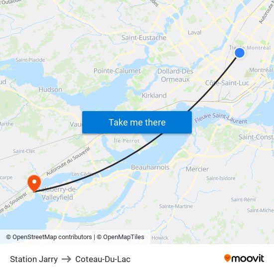 Station Jarry to Coteau-Du-Lac map