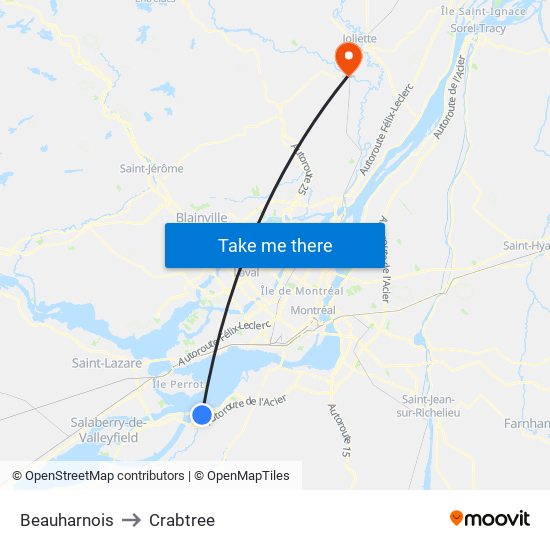 Beauharnois to Crabtree map