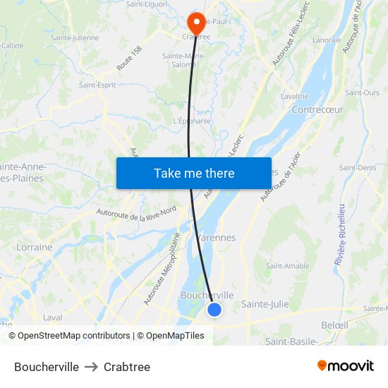 Boucherville to Crabtree map