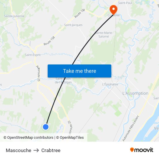 Mascouche to Crabtree map