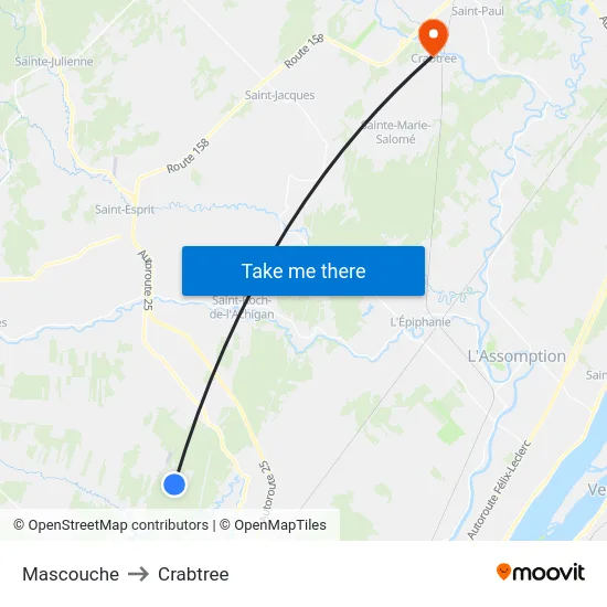 Mascouche to Crabtree map
