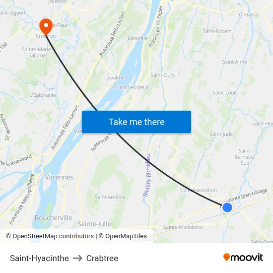 Saint-Hyacinthe to Crabtree map