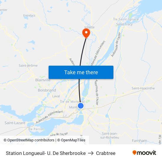 Station Longueuil- U. De Sherbrooke to Crabtree map