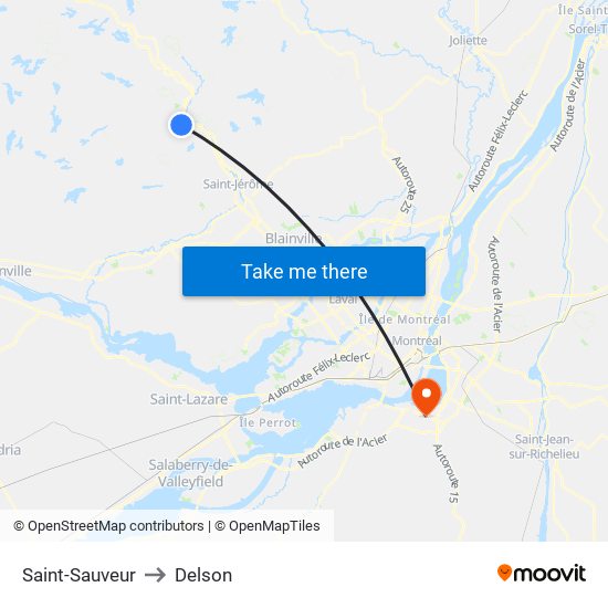 Saint-Sauveur to Delson map