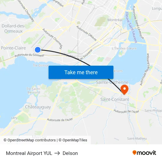 Montreal Airport YUL to Delson map