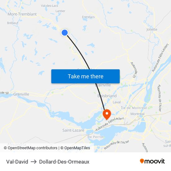 Val-David to Dollard-Des-Ormeaux map