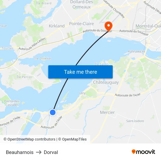 Beauharnois to Dorval map