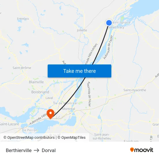 Berthierville to Dorval map