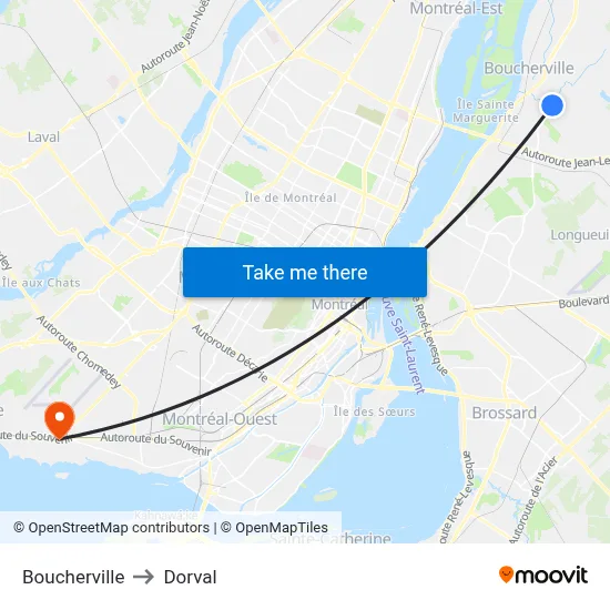 Boucherville to Dorval map