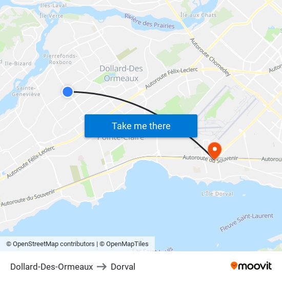 Dollard-Des-Ormeaux to Dorval map