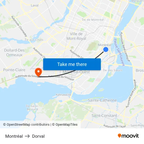 Montréal to Dorval map