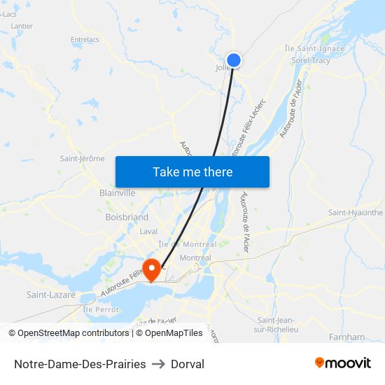 Notre-Dame-Des-Prairies to Dorval map