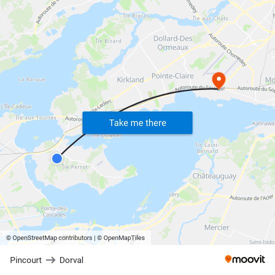 Pincourt to Dorval map