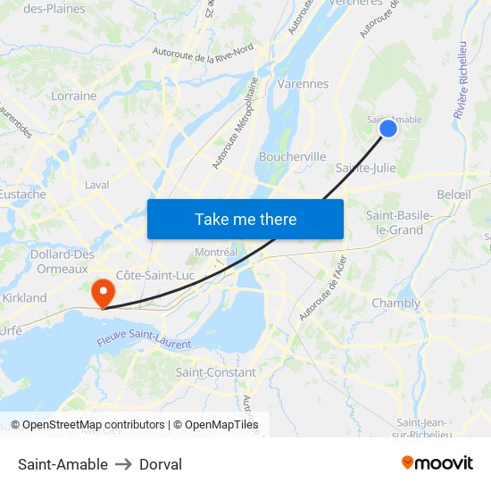 Saint-Amable to Dorval map