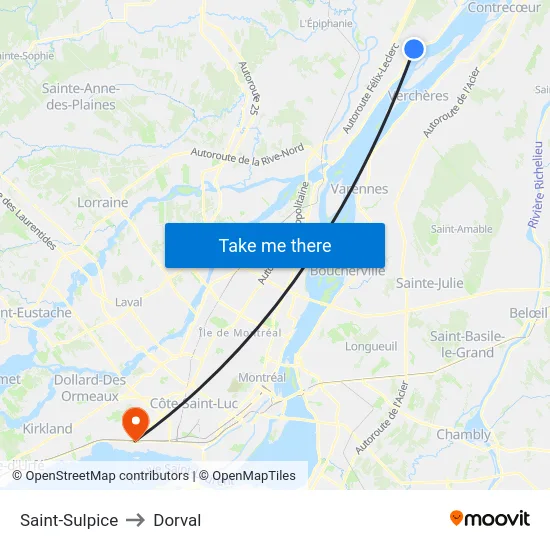 Saint-Sulpice to Dorval map