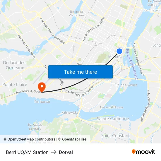 Berri UQAM Station to Dorval map