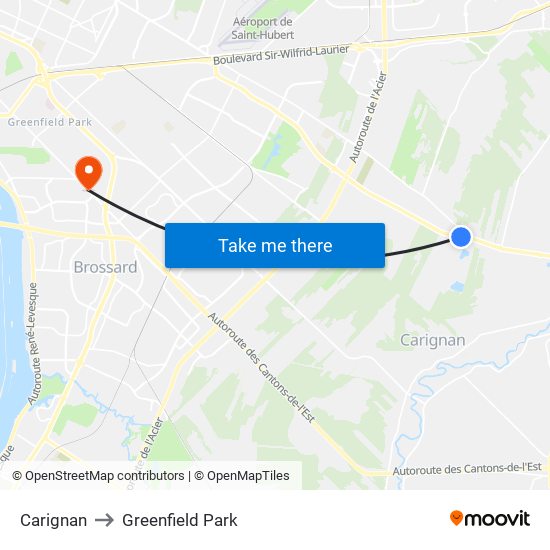 Carignan to Greenfield Park map