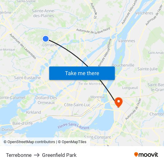 Terrebonne to Greenfield Park map