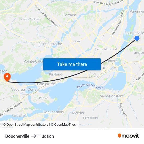 Boucherville to Hudson map