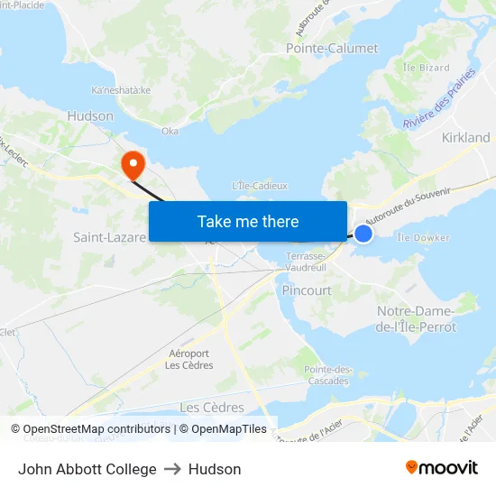 John Abbott College to Hudson map
