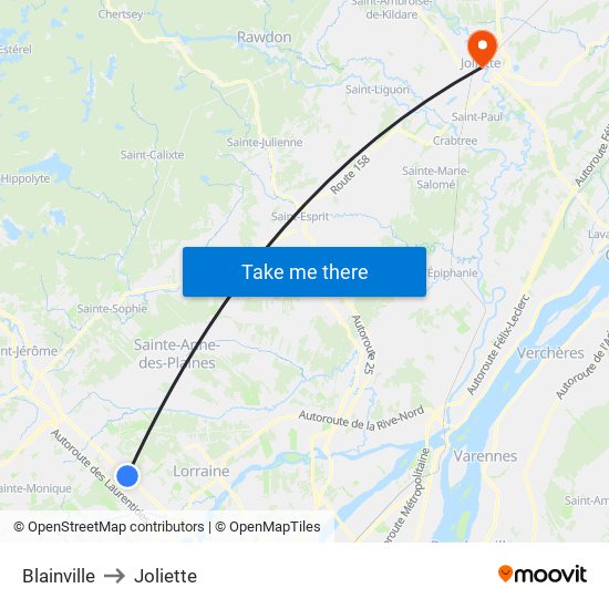 Blainville to Joliette map