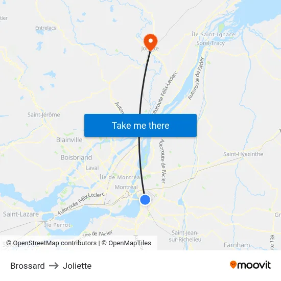 Brossard to Joliette map