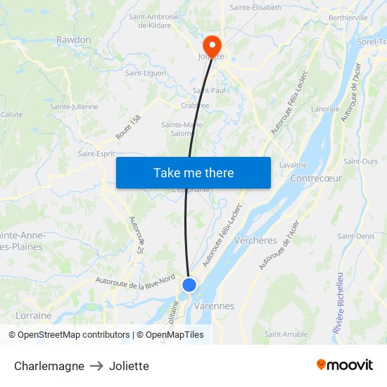 Charlemagne to Joliette map