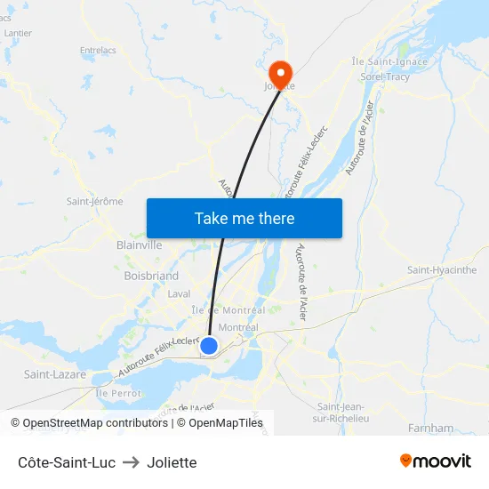 Côte-Saint-Luc to Joliette map