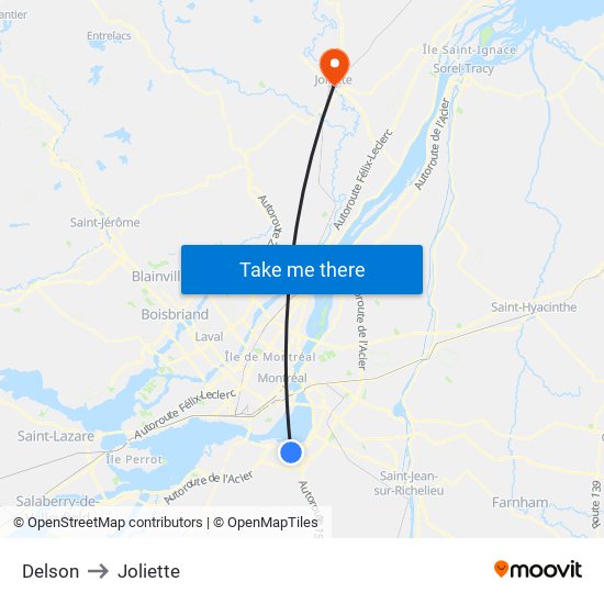 Delson to Joliette map