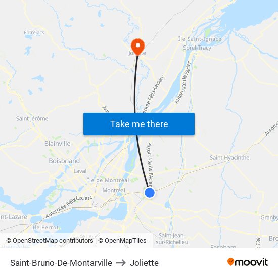 Saint-Bruno-De-Montarville to Joliette map