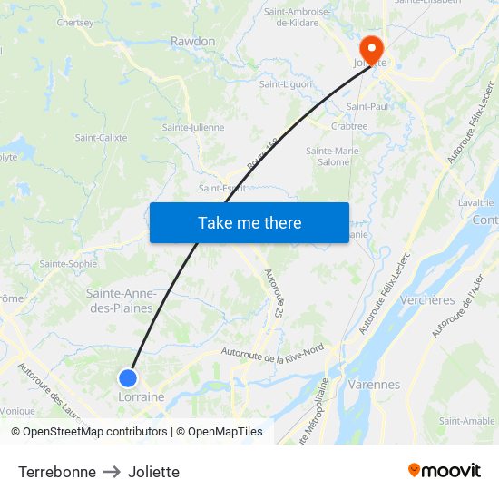 Terrebonne to Joliette map