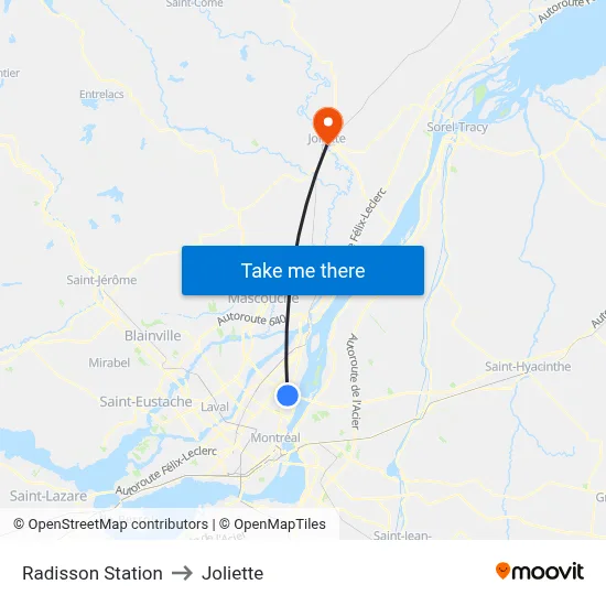 Radisson Station to Joliette map