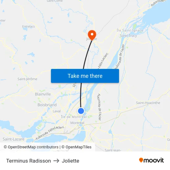Terminus Radisson to Joliette map