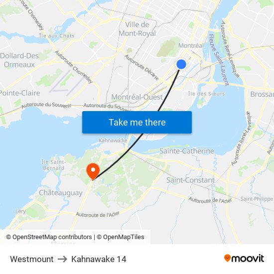 Westmount to Kahnawake 14 map