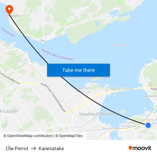 L'Île-Perrot to Kanesatake map