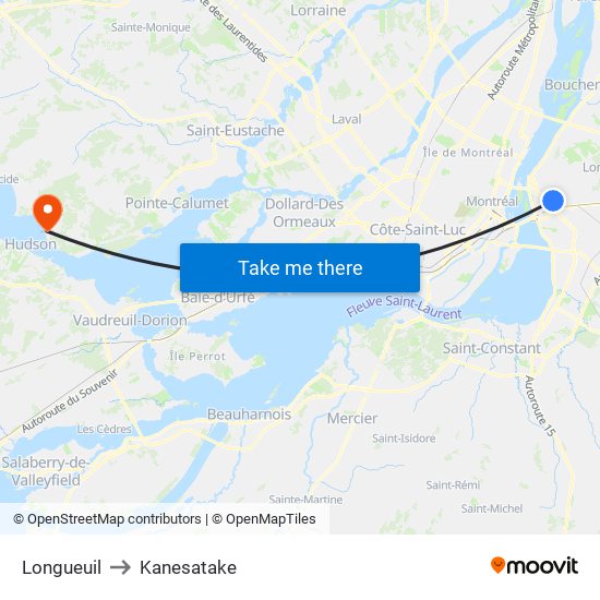 Longueuil to Kanesatake map