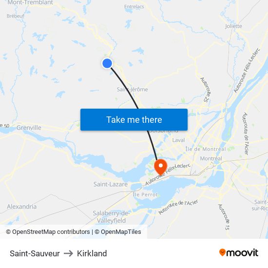 Saint-Sauveur to Kirkland map